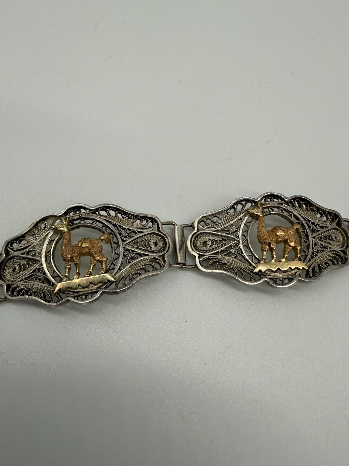 VINTAGE PERUANISCHES ARMBAND SILBER MIT 18K GOLD TIERMOTIV LAMA 20cm