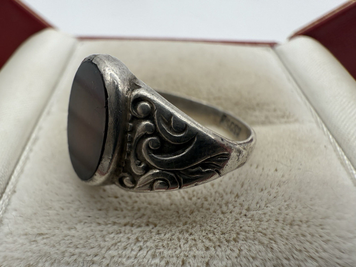 VINTAGE HANDGEFERTIGER STERLING SILBER 835 SCHWARZER ONYX RING GR.54