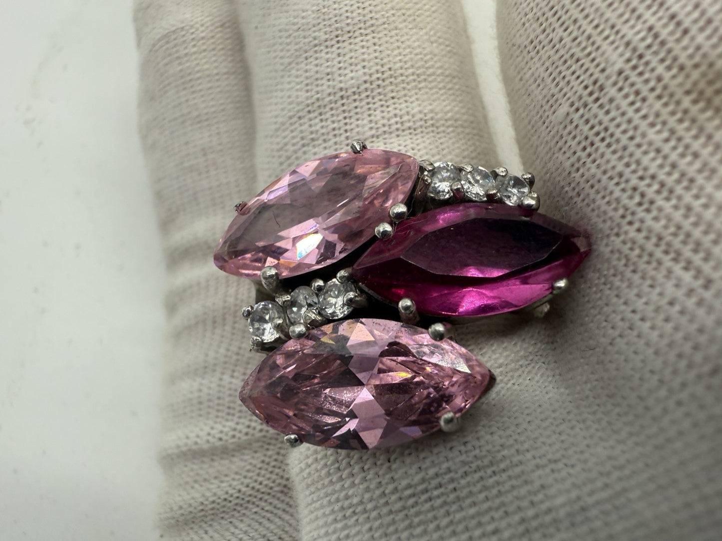 VINTAGE DAMEN RING 925 SILBER - PINKE NAVETTE-KRISTALLE & ZIRKONIA GR.58