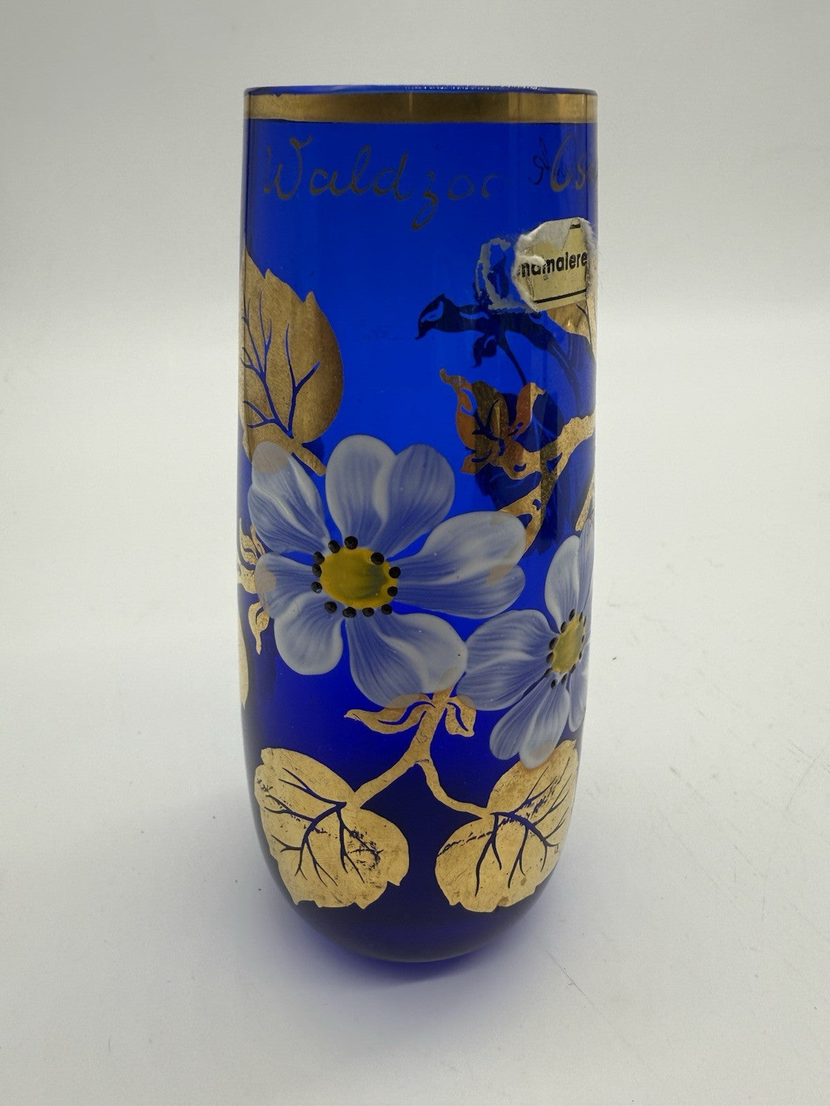 KOBALTBLAU JUGENDSTIL GLASVASE VERGOLDET ANTIK WITTIG HANDMADE 1919 16cm