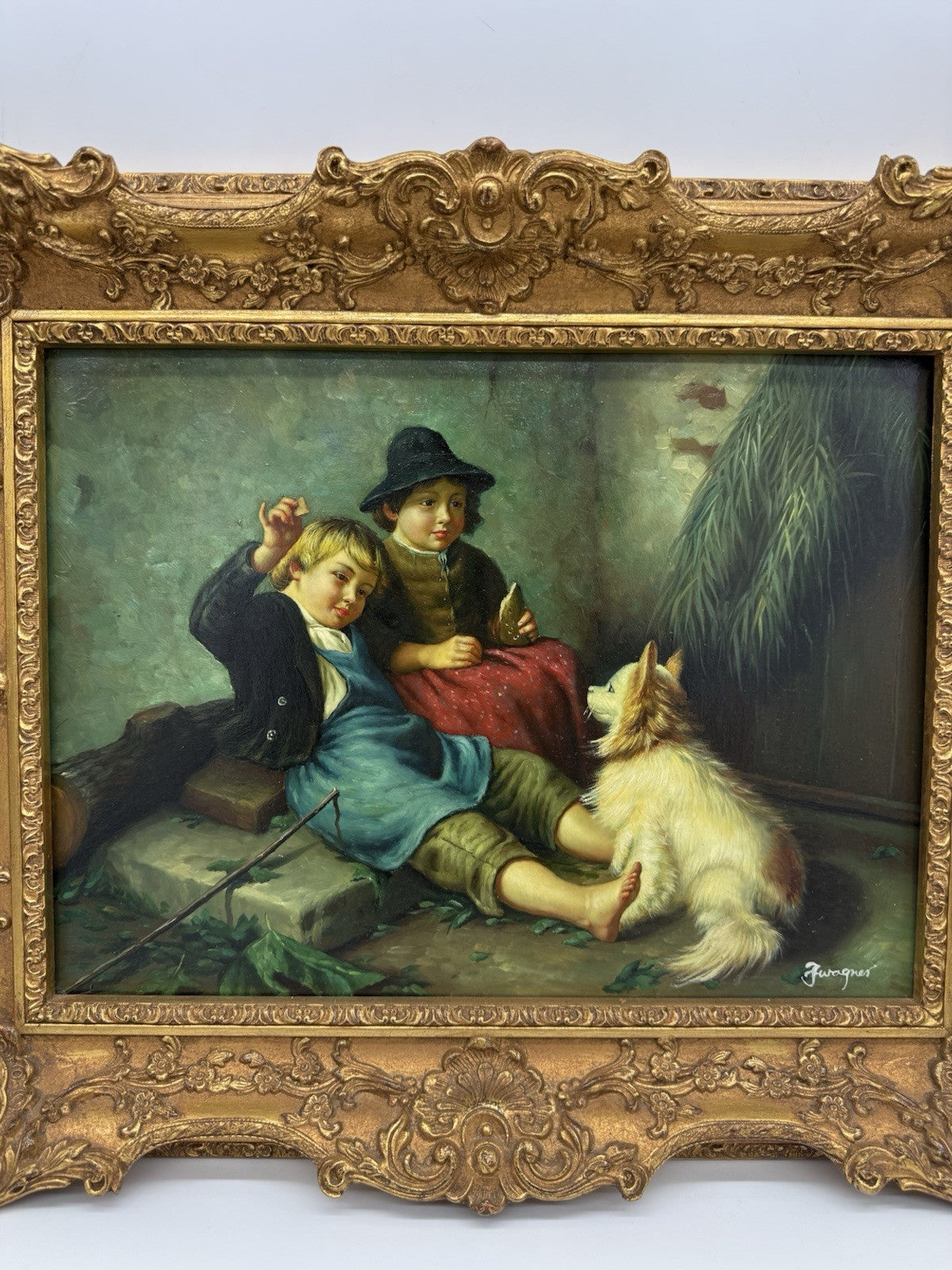ÖL GEMÄLDE AUF HOLZ KINDER MIT HUND - SIGNIERT J. WAGNER ANTIKER GOLDRAHMEN