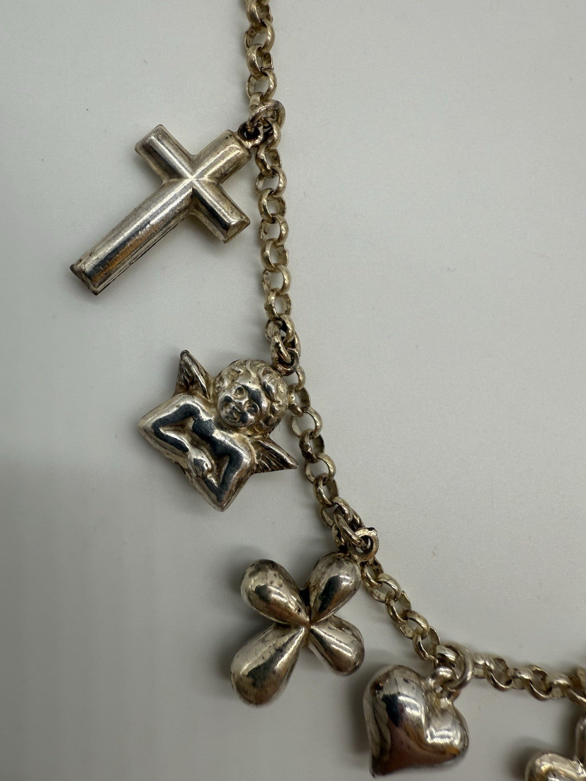 VINTAGE ENGEL-KETTE MIT KREUZEN & HERZ - 925 SILBER STATEMENT-SCHMUCK