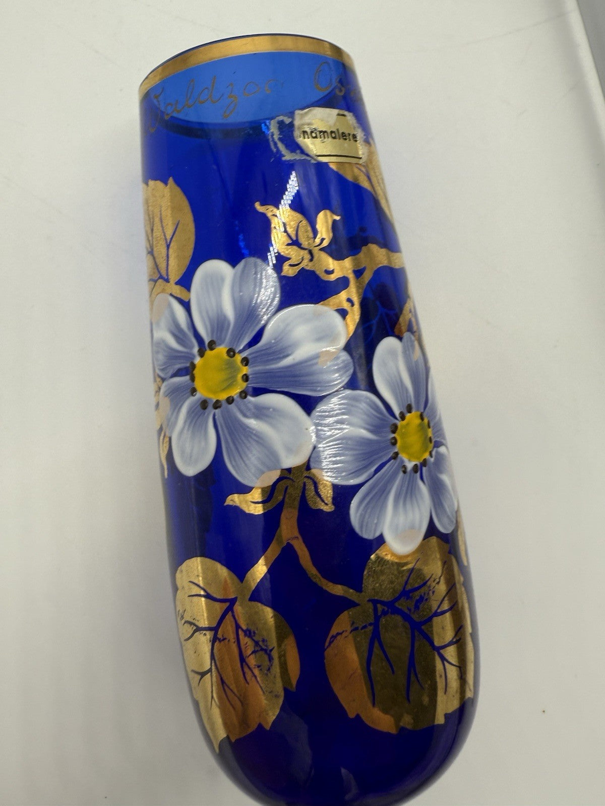 KOBALTBLAU JUGENDSTIL GLASVASE VERGOLDET ANTIK WITTIG HANDMADE 1919 16cm