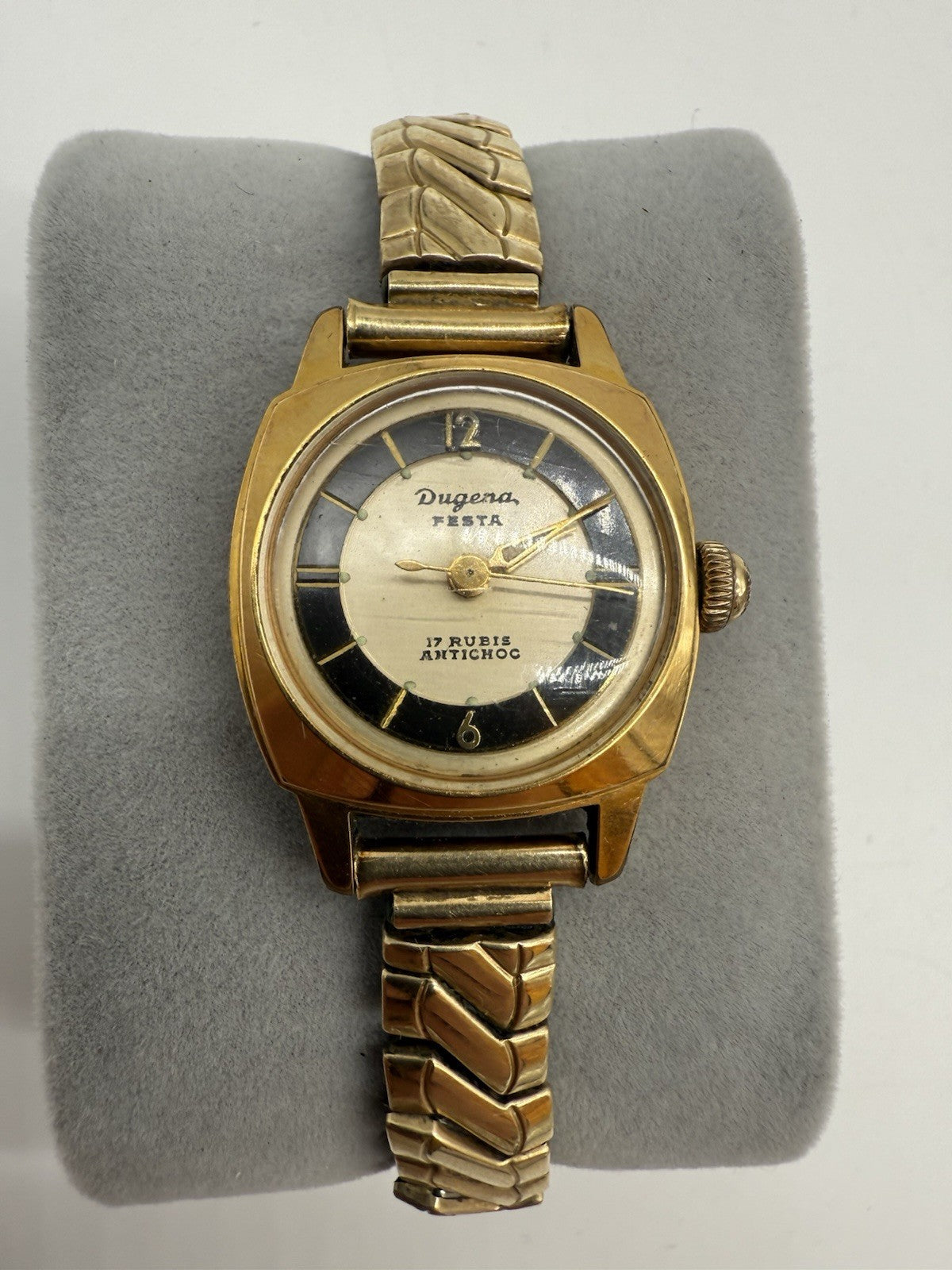 VINTAGE DUGENA FESTA DAMEN UHR STAHL VERGOLDET 20MM HANDAUFZUG LÄUFT