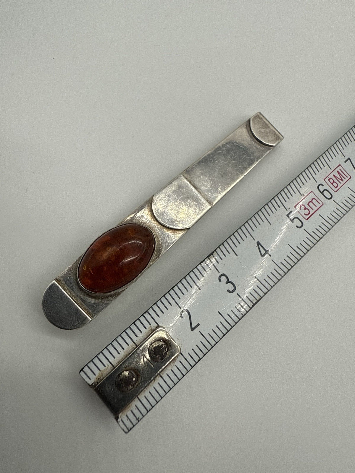 NOSTALGISCHE BERNSTEIN KRAWATTENKLAMMER AUS 925er STERLING SILBER