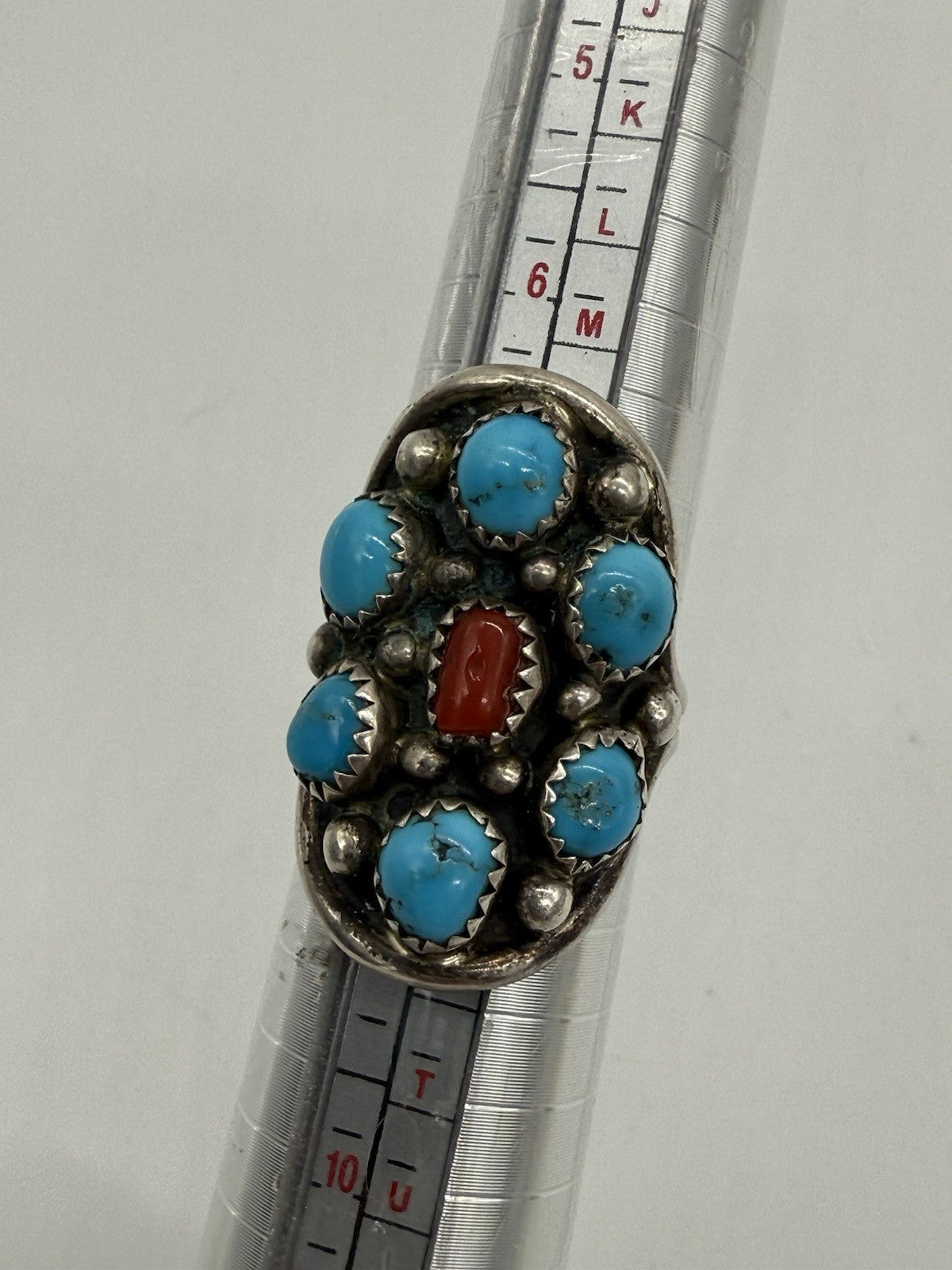 NAVAJO RING 925 SILBER BLAU TÜRKIS & KORALLE SIGNIERT ELGIN HASKEY GR.57