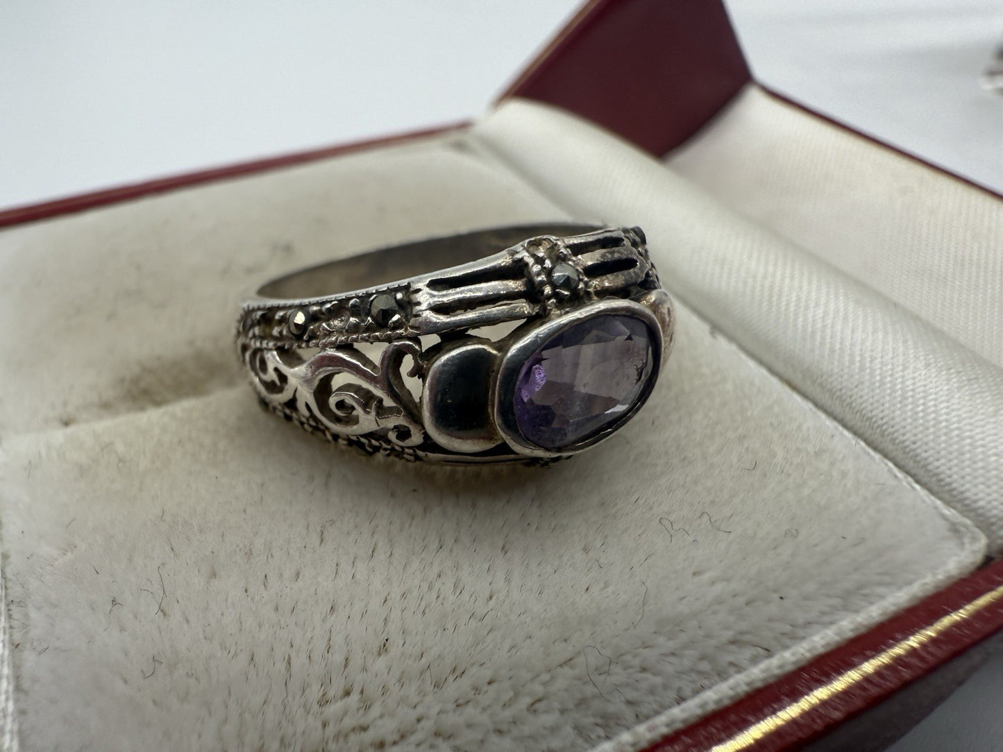 VINTAGE AMETHYST 925er STERLING SILBER RING MIT MARKASITEN GR.55