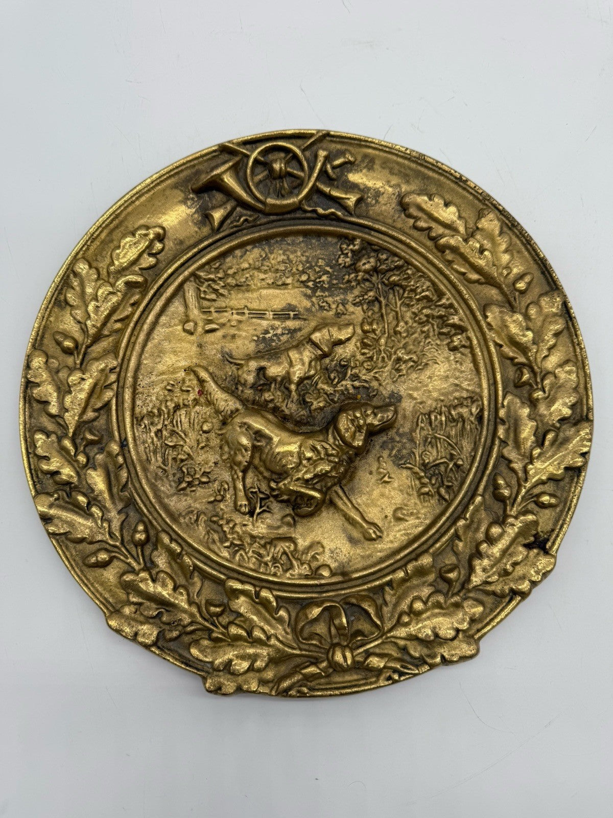 SCHWERER WANDTELLER - BRONZE - JAGDHUNDE JAGDRELIEF JAGDBILD RELIEFBILD