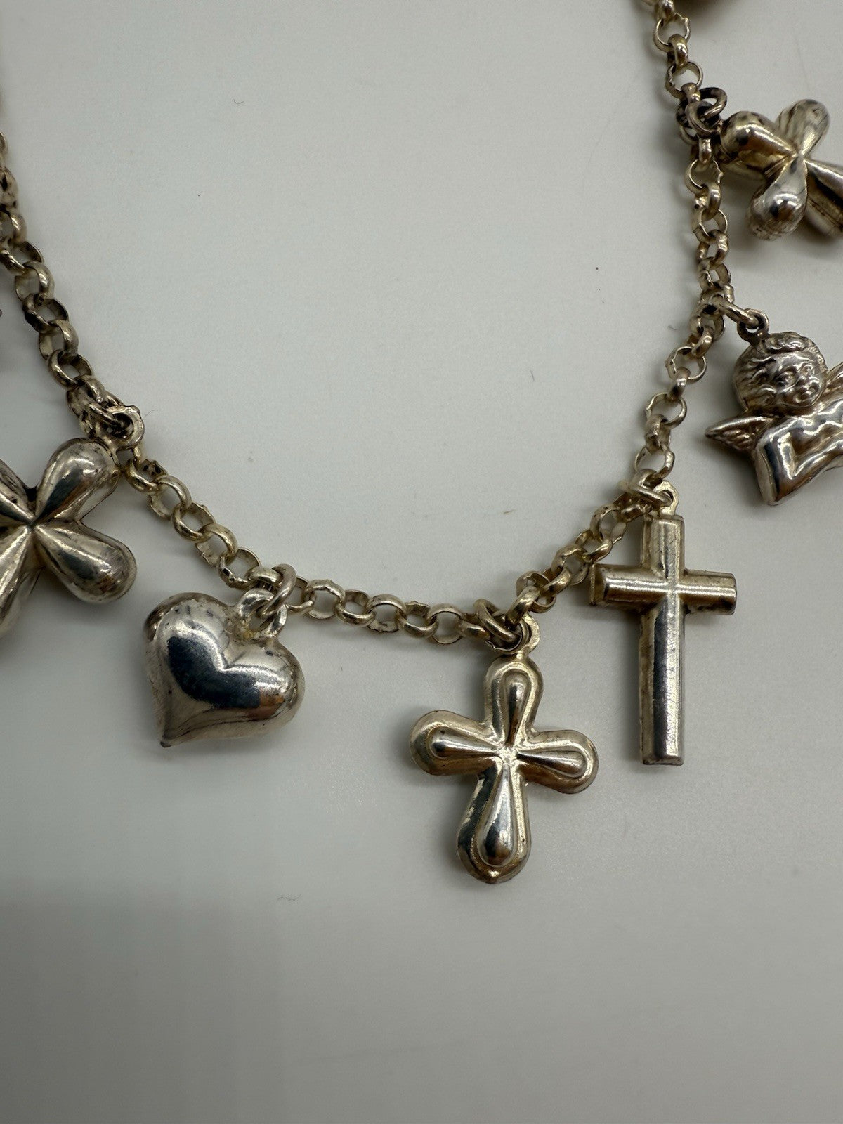 VINTAGE ENGEL-KETTE MIT KREUZEN & HERZ - 925 SILBER STATEMENT-SCHMUCK