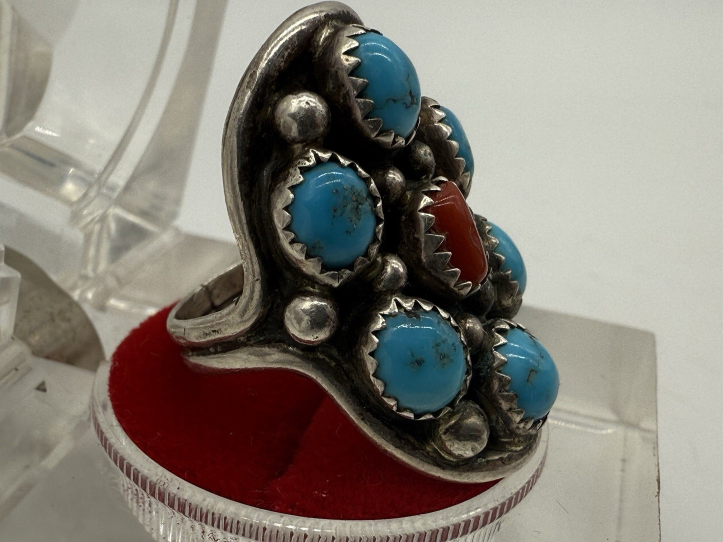NAVAJO RING 925 SILBER BLAU TÜRKIS & KORALLE SIGNIERT ELGIN HASKEY GR.57