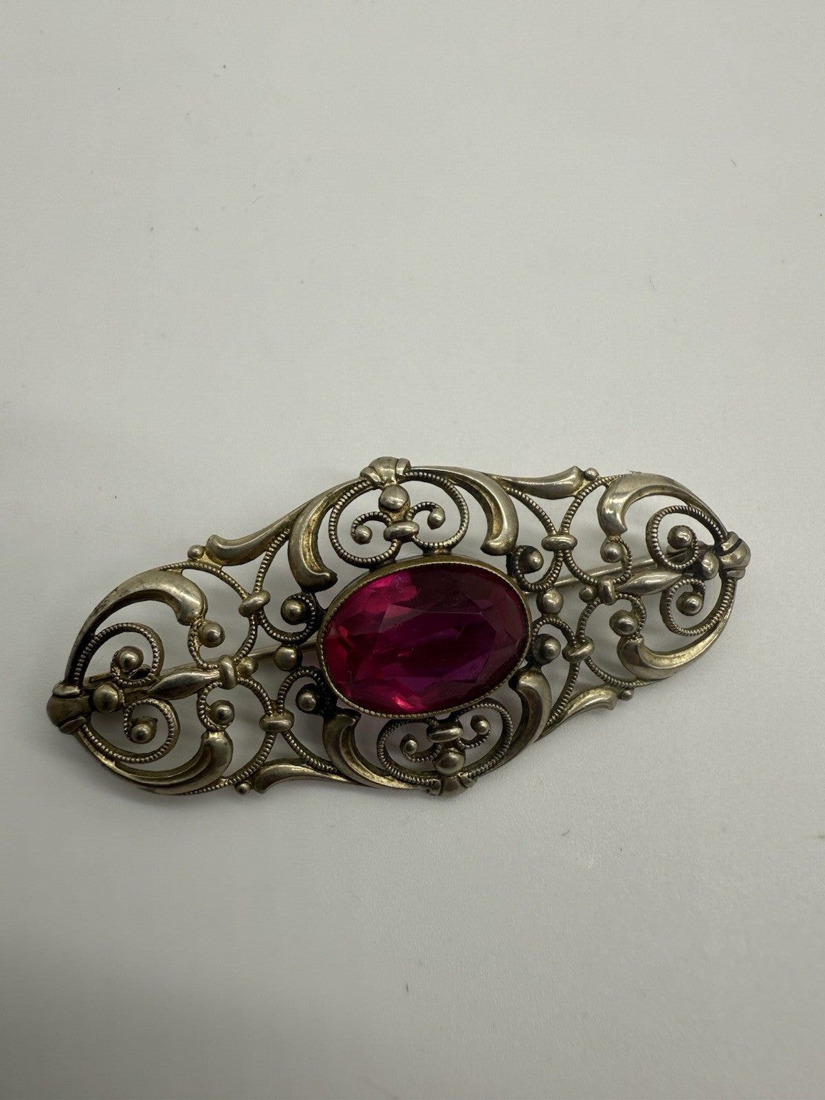 JUGENDSTIL BROSCHE ANSTECKNADEL ECHTSILBER FILIGRAN MIT ROSA ROTEM STEIN