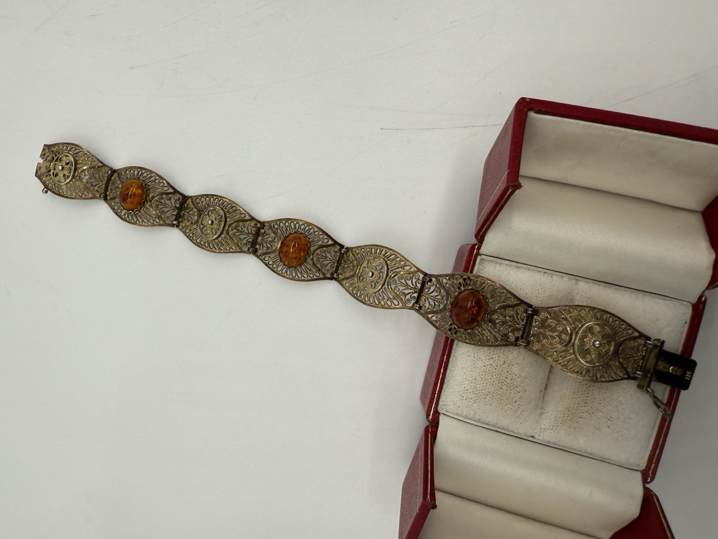 VINTAGE FILIGRANES DAMENARMBAND AUS 800 SILBER MIT BERNSTEIN - VERGOLDET