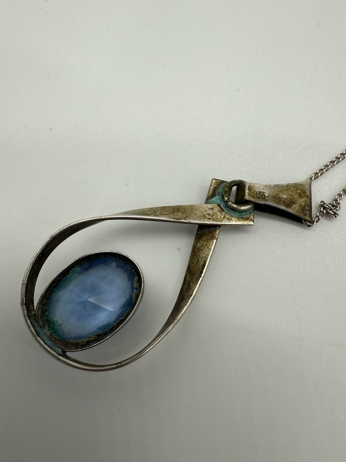 835 SILBER ANHÄNGER MIT BLAUEN STEIN - MID CENTURY STIL + 835 KETTE