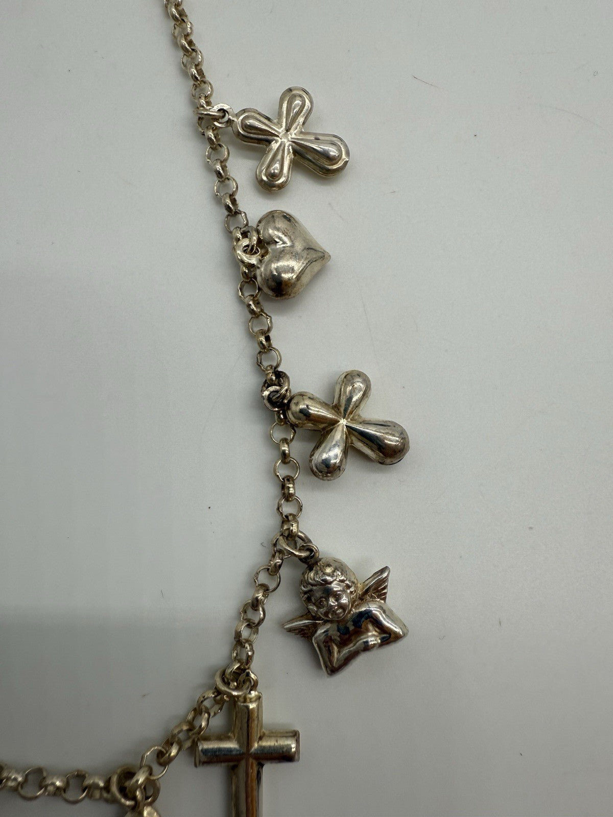 VINTAGE ENGEL-KETTE MIT KREUZEN & HERZ - 925 SILBER STATEMENT-SCHMUCK