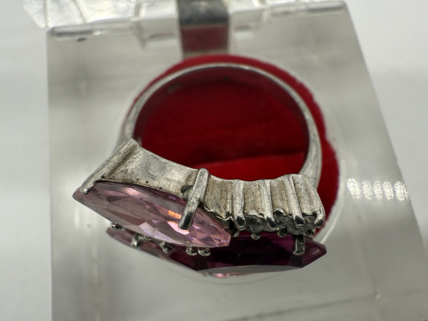 VINTAGE DAMEN RING 925 SILBER - PINKE NAVETTE-KRISTALLE & ZIRKONIA GR.58