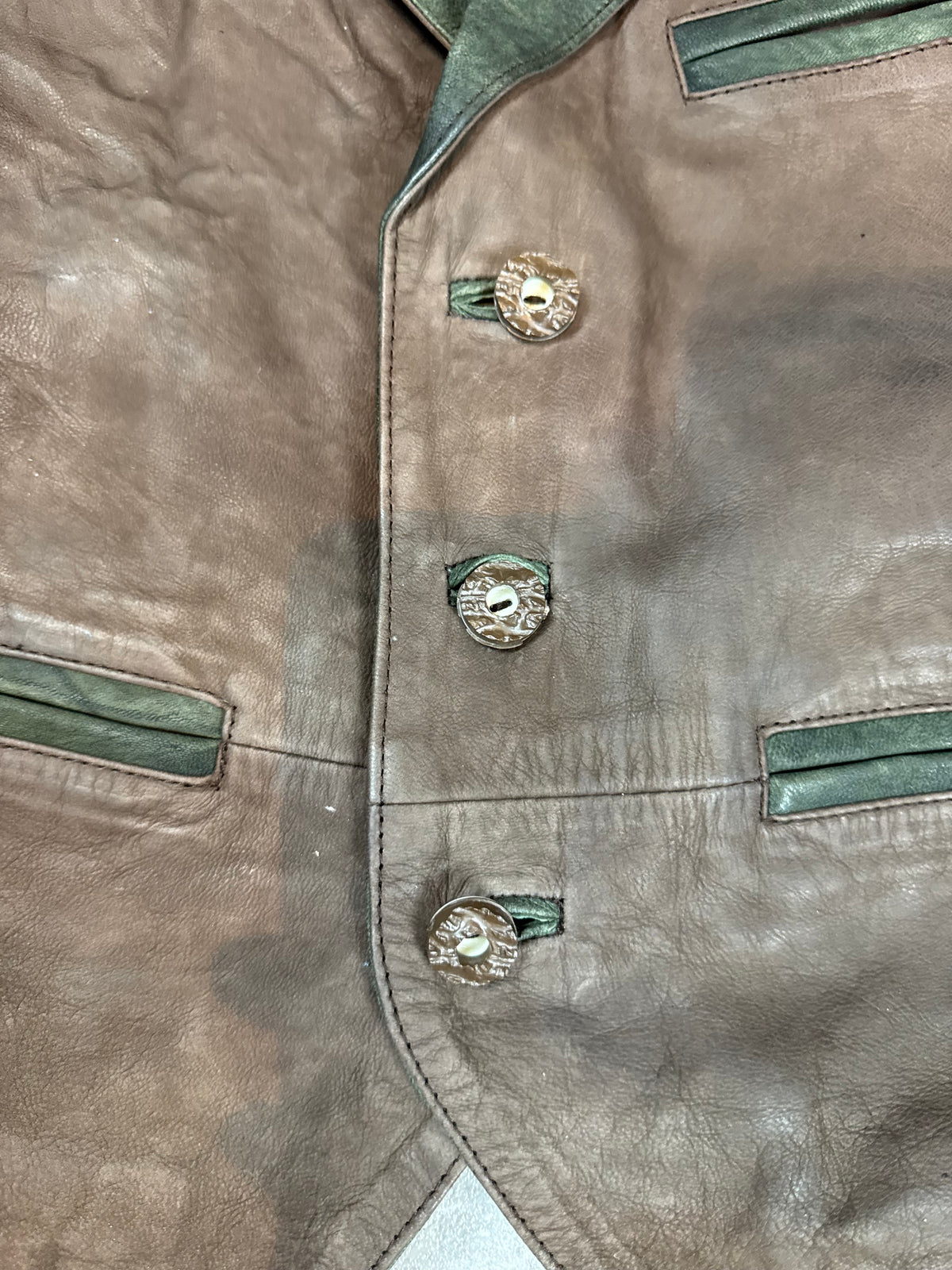 Vintage Herren Lederweste Gr. 48 Braun Grün Echtes Leder Trachtenstil