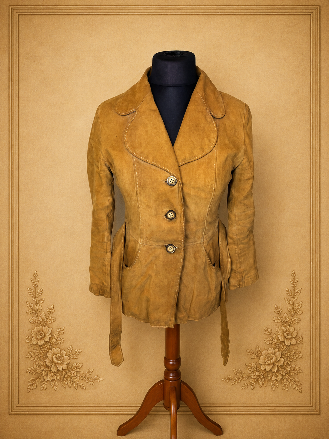 Vintage Damen Wildlederjacke Braun Cognac 70er Jahre Tailliert mit Gürtel