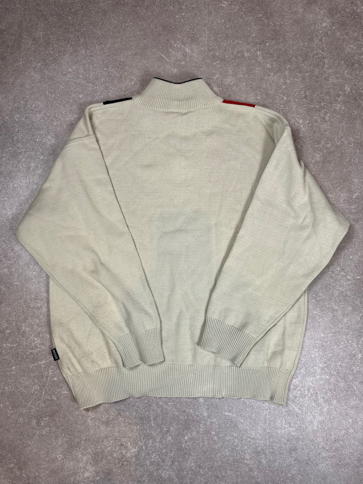 Vintage HUGO BOSS Herren Strickpullover Gr. M Colourblock Half Zip 90s
