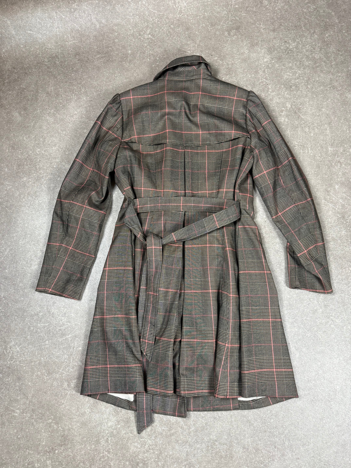 H&M Damen Trenchcoat Mantel Gr. 38 Grau Rosa Glencheck Karo mit Gürtel