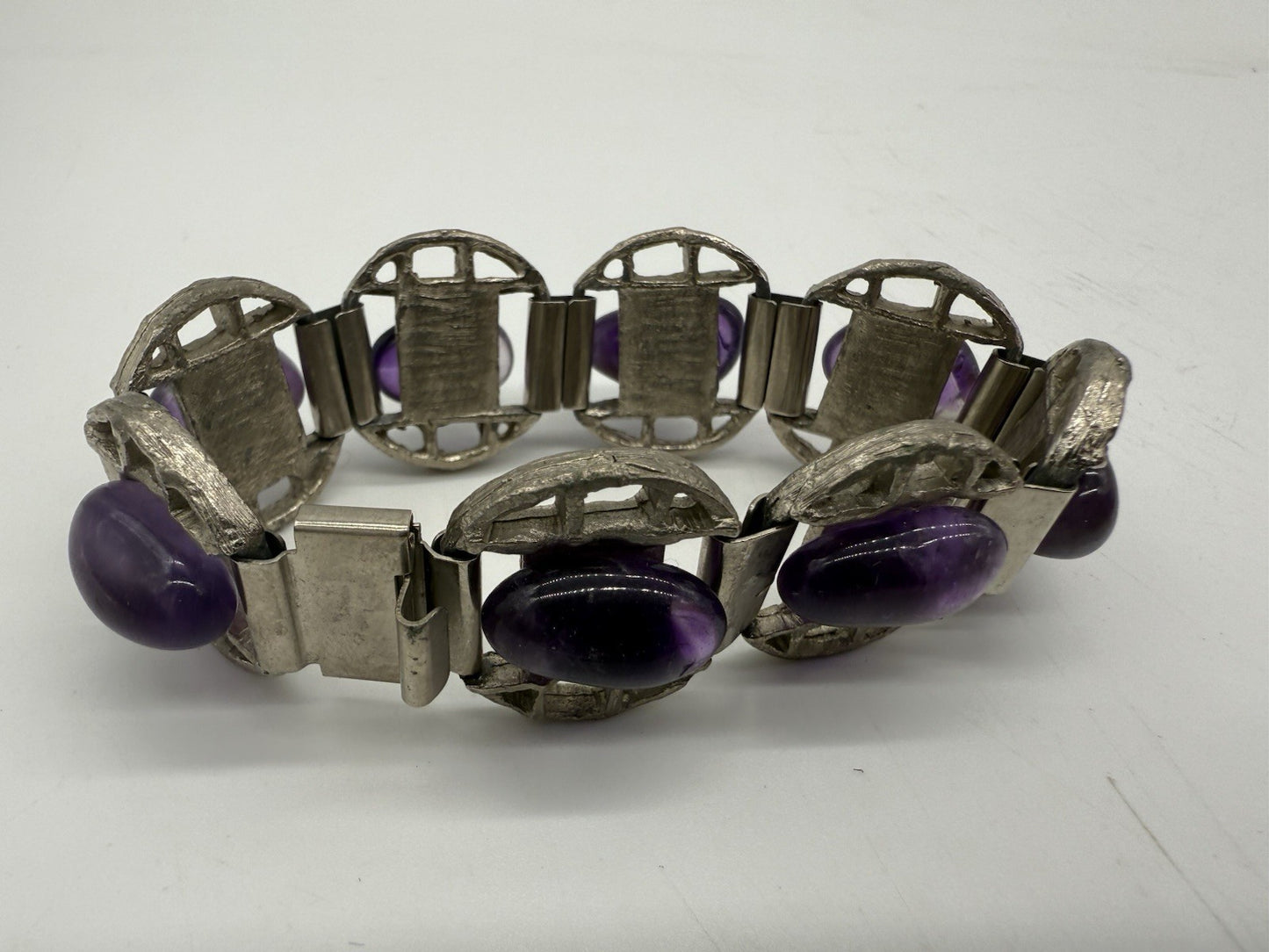 WUNDERSCHÖNES SKANDINAVISCHES AMETHYST STEIN GLIEDERARMBAND VERSILBERT