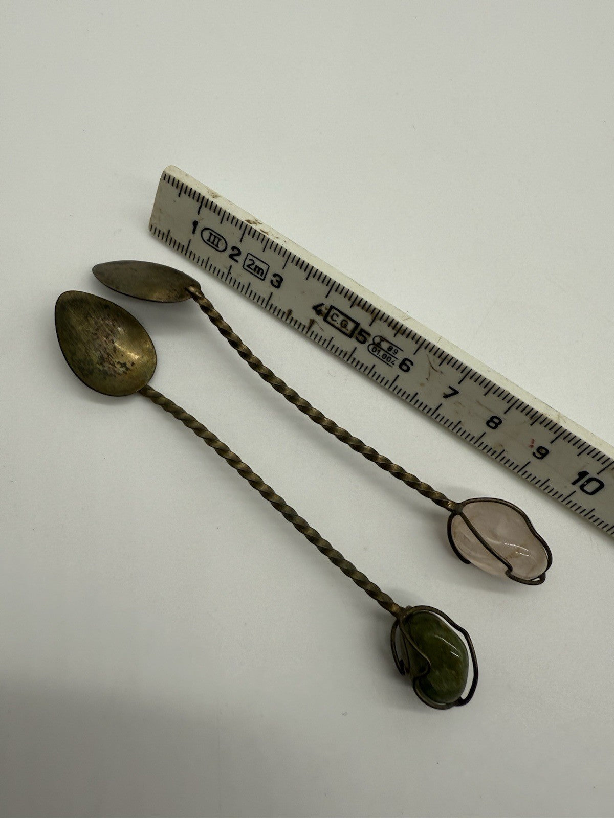 K25C40-2 ANTIKE SILBER LÖFFEL MIT NATURSTEIN - VINTAGE MOKKALÖFFEL