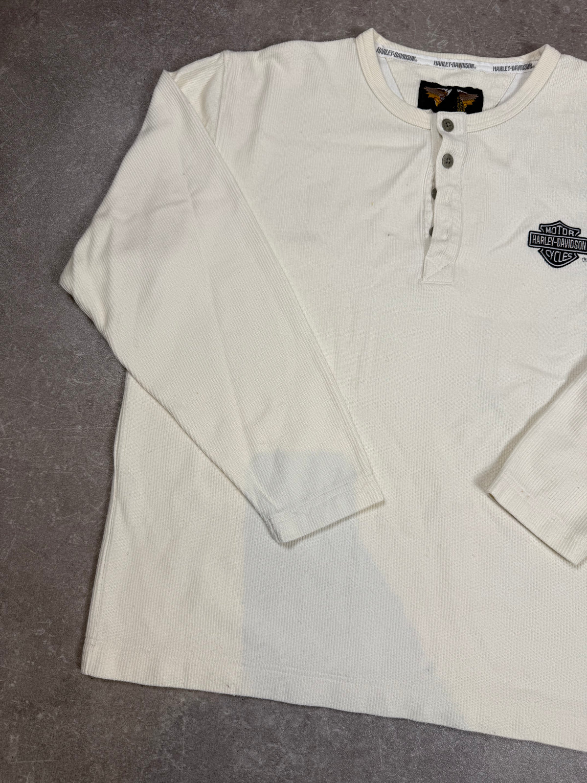 Harley-Davidson Herren Henley Shirt L – Vintage Langarm Creme Weiß