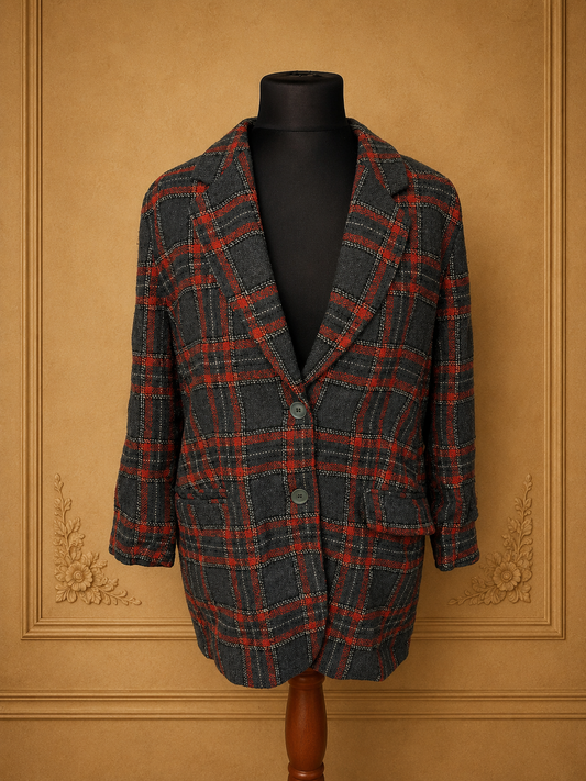 Vintage Aigner Damen Wollblazer Gr. 48 – Schurwolle Kariert Rot Grau