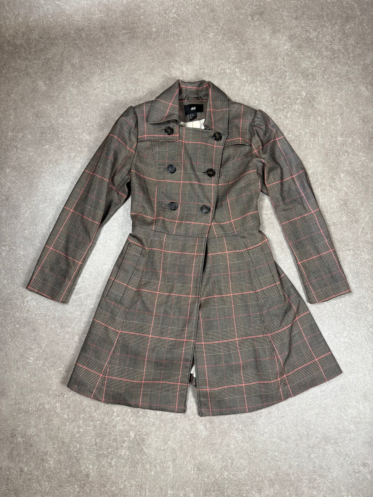 H&M Damen Trenchcoat Mantel Gr. 38 Grau Rosa Glencheck Karo mit Gürtel