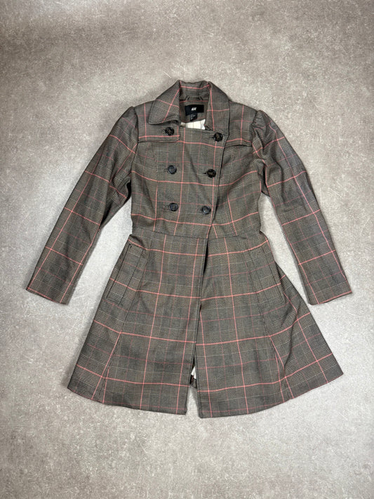 H&M Damen Trenchcoat Mantel Gr. 38 Grau Rosa Glencheck Karo mit Gürtel