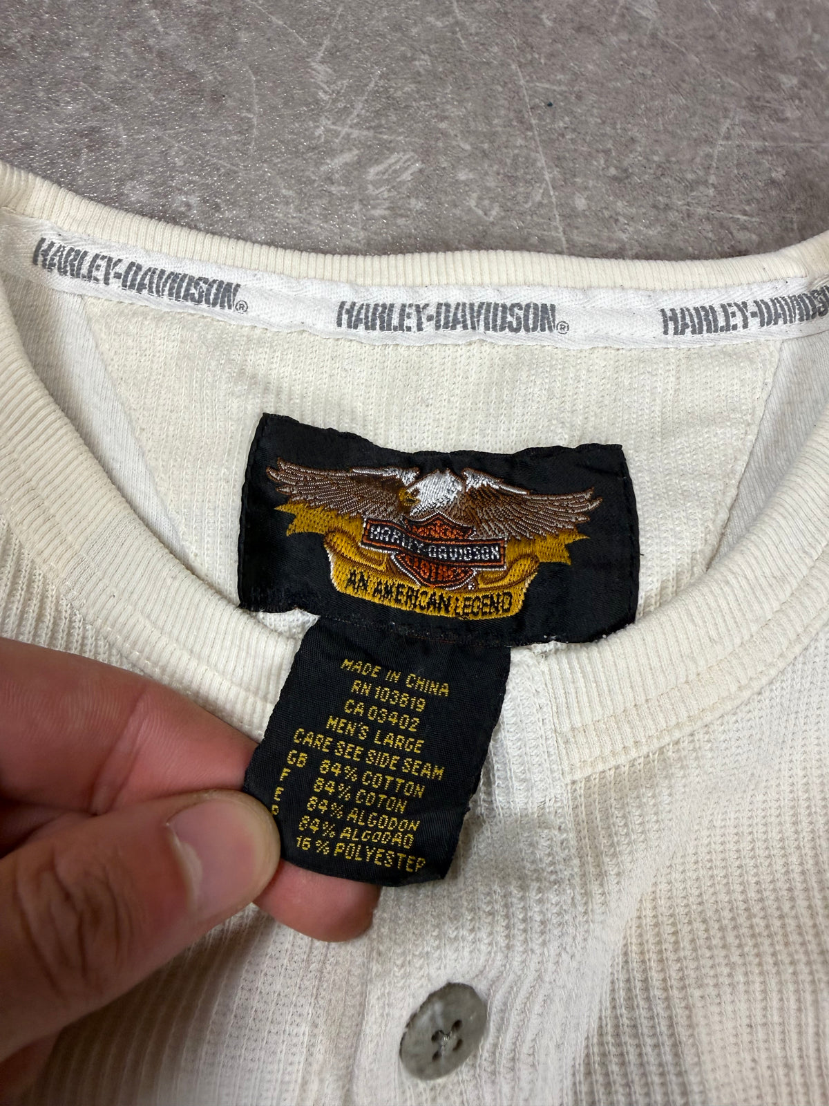 Harley-Davidson Herren Henley Shirt L – Vintage Langarm Creme Weiß