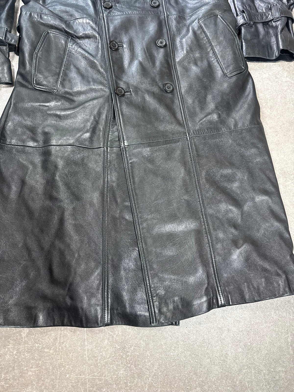Langer Leder Mantel Damen Schwarz Vintage Trenchcoat Echtleder AB Collection Gr. L