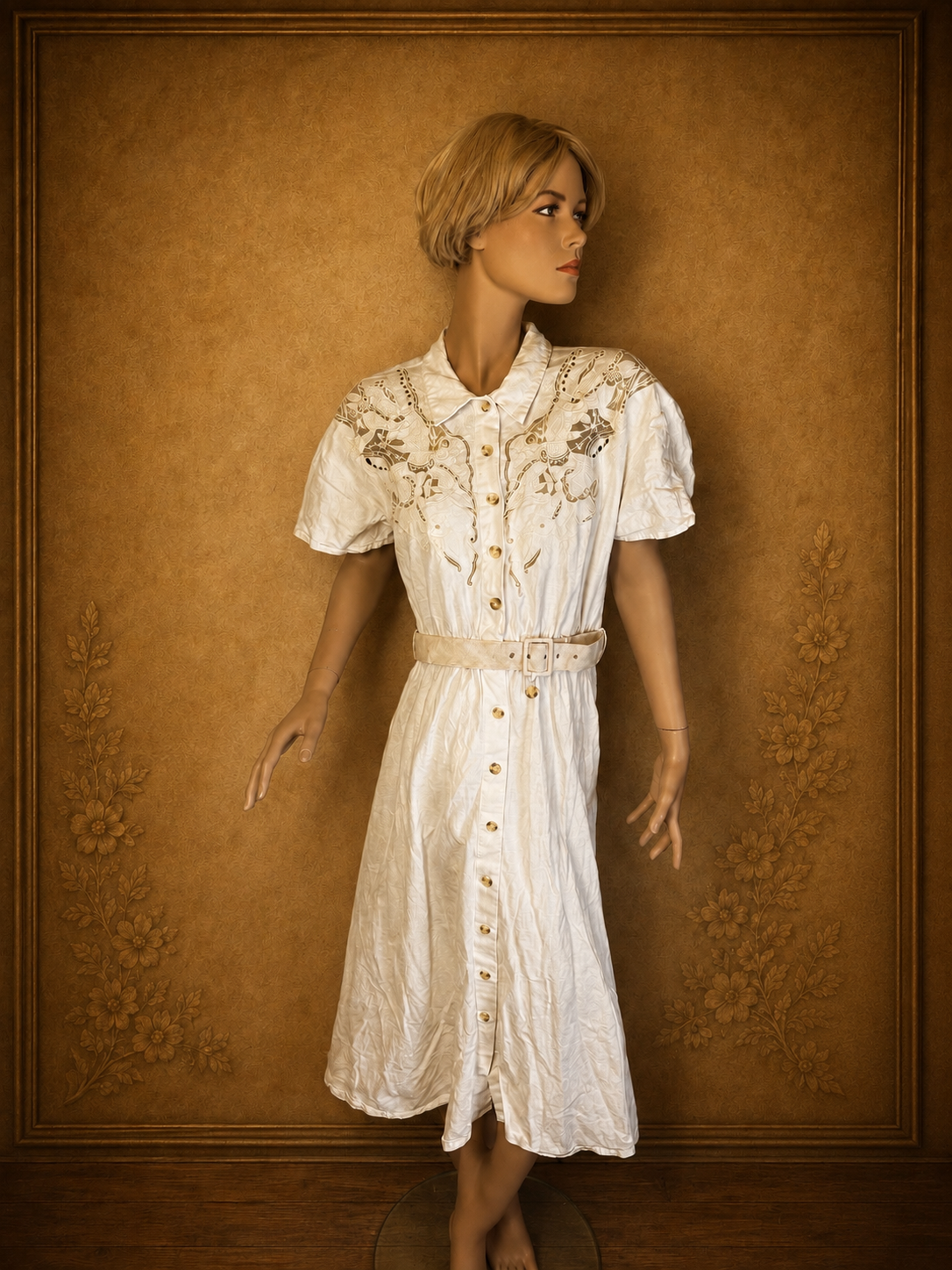 Vintage TOGETHER Hemdblusenkleid Weiß – Stickerei Spitze Gürtel 80er/90er