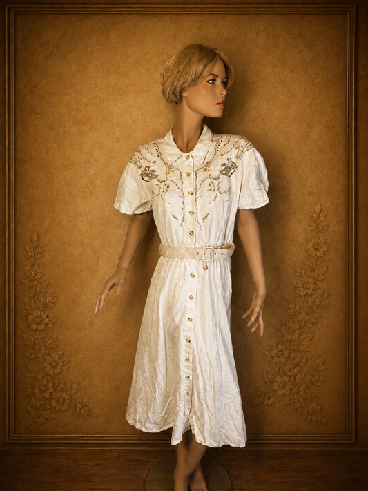 Vintage TOGETHER Hemdblusenkleid Weiß – Stickerei Spitze Gürtel 80er/90er