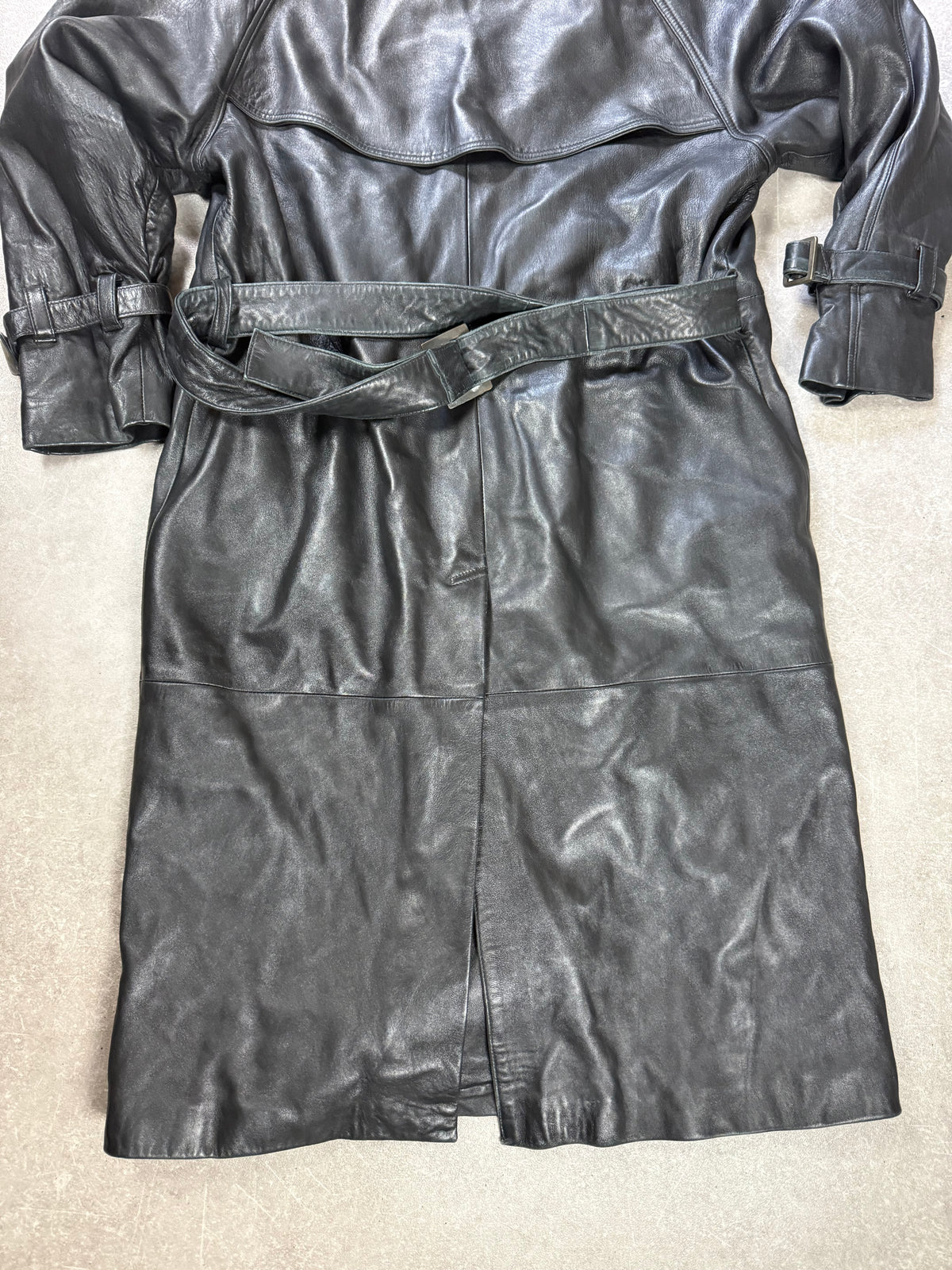 Langer Leder Mantel Damen Schwarz Vintage Trenchcoat Echtleder AB Collection Gr. L