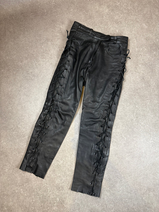 Vintage Genuine Leather Lederhose Schwarz Gr. 40 – Biker Hose mit seitlicher Schnürung
