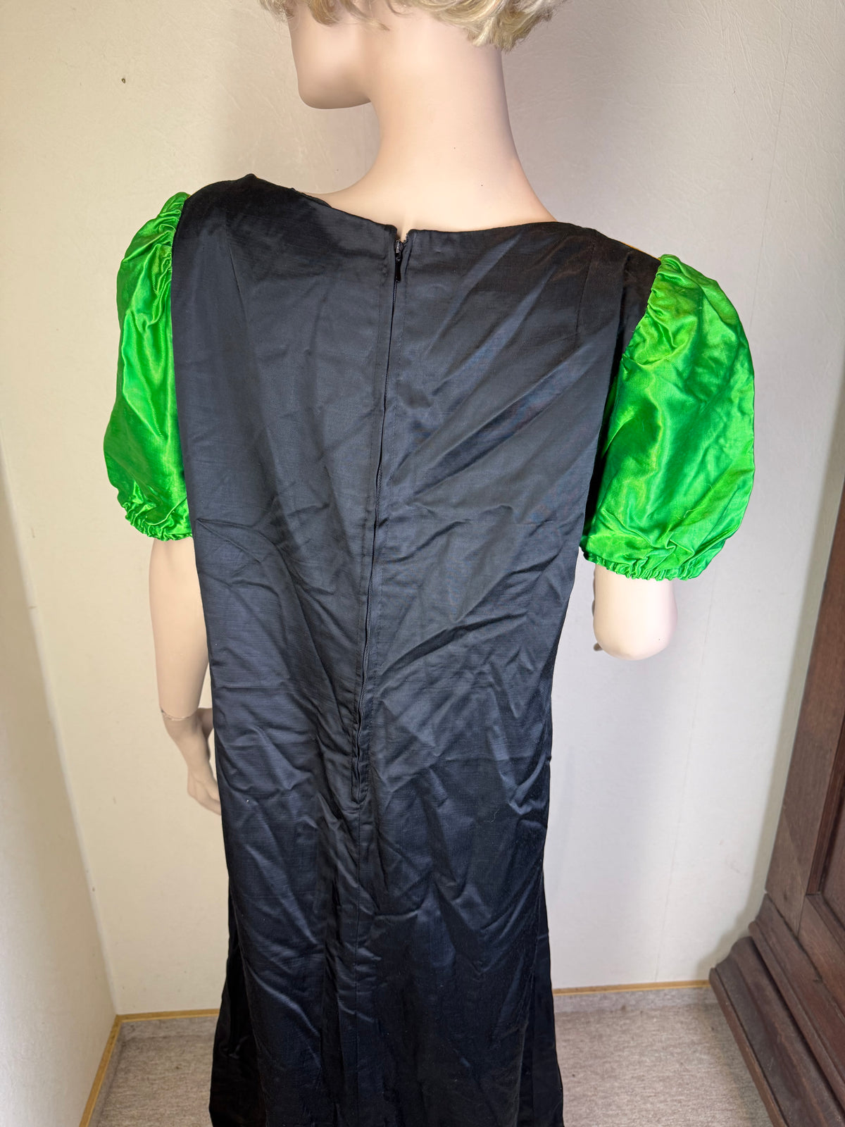 Vintage Maxikleid Damen – Gelb Schwarz Grün mit Puffärmeln & Schleife