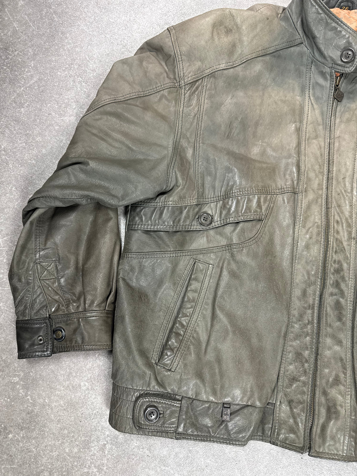 Vintage Italo Lederjacke Herren M Olivgrau Echtleder Blouson Bomberjacke