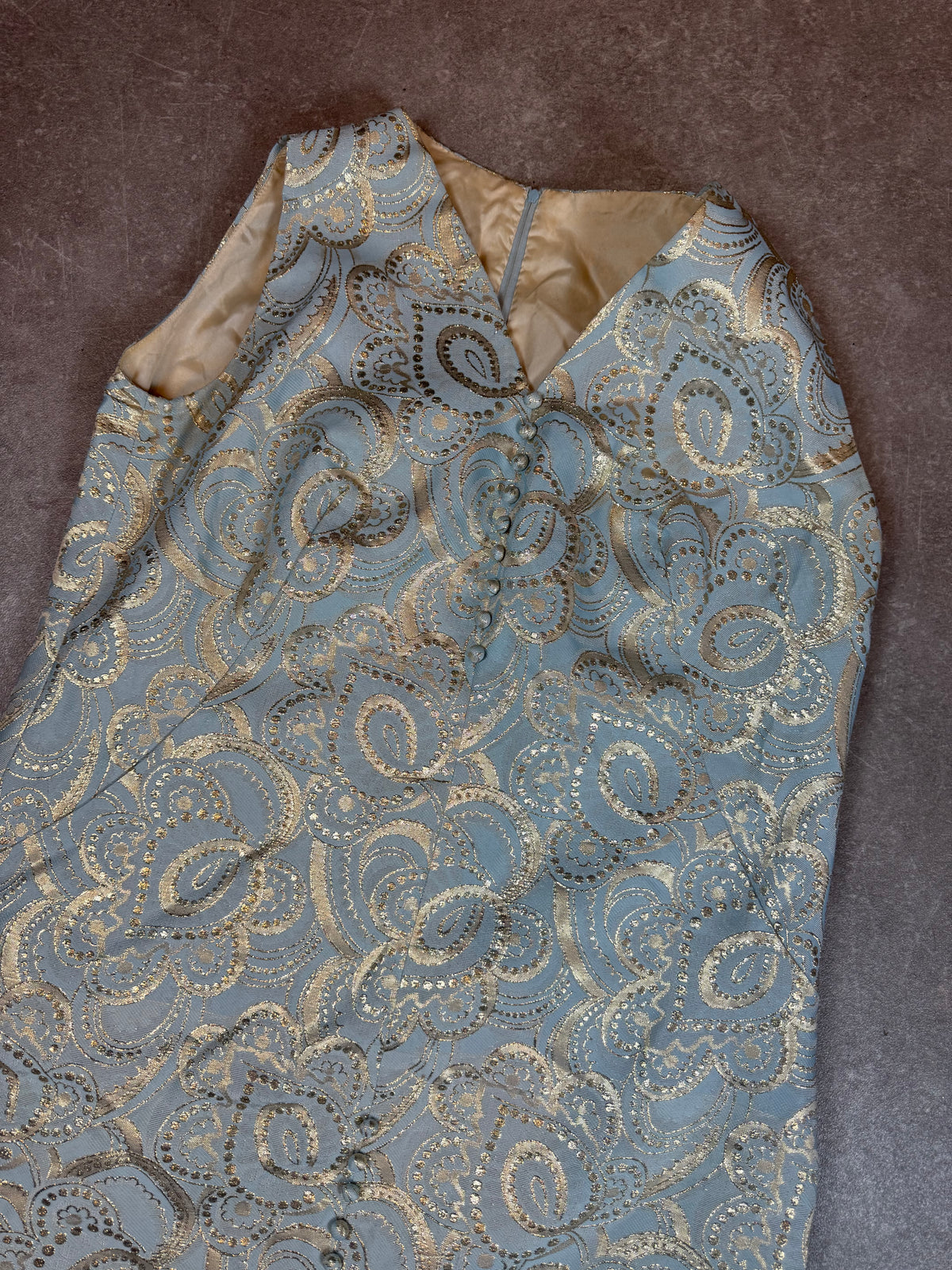 Vintage 60er/70er Maxikleid Hellblau Gold – Paisley Brokat Abendkleid