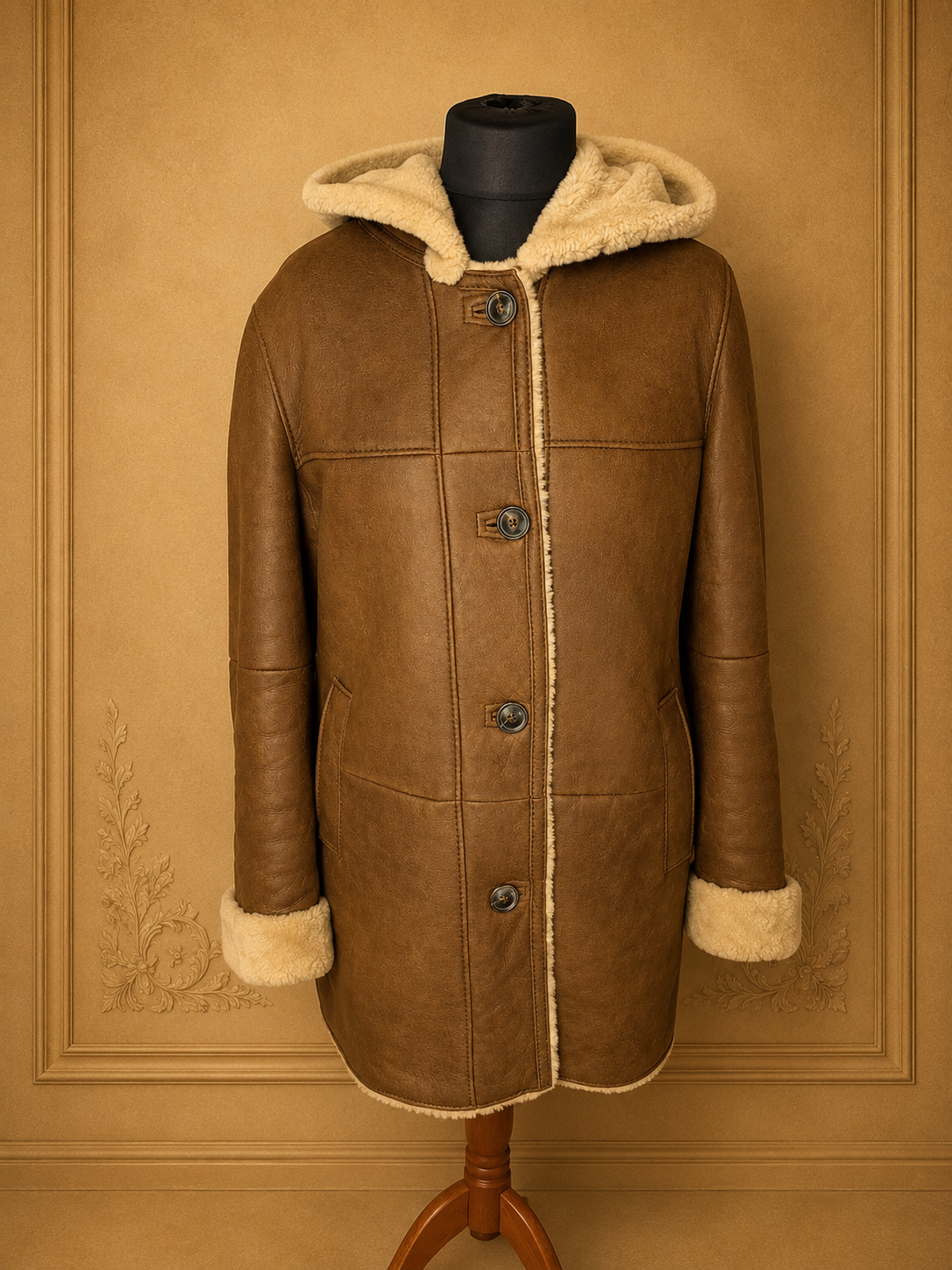 CHRIST Lammfellmantel Damen Braun Vintage Echtleder Shearling Kapuze