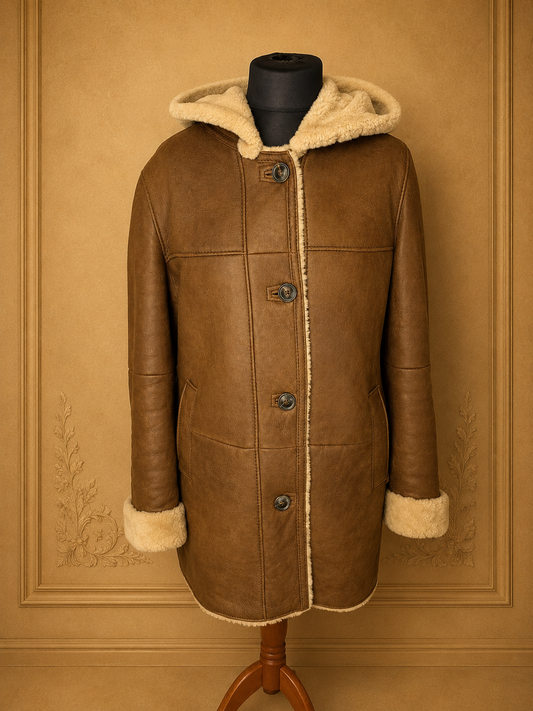 CHRIST Lammfellmantel Damen Braun Vintage Echtleder Shearling Kapuze