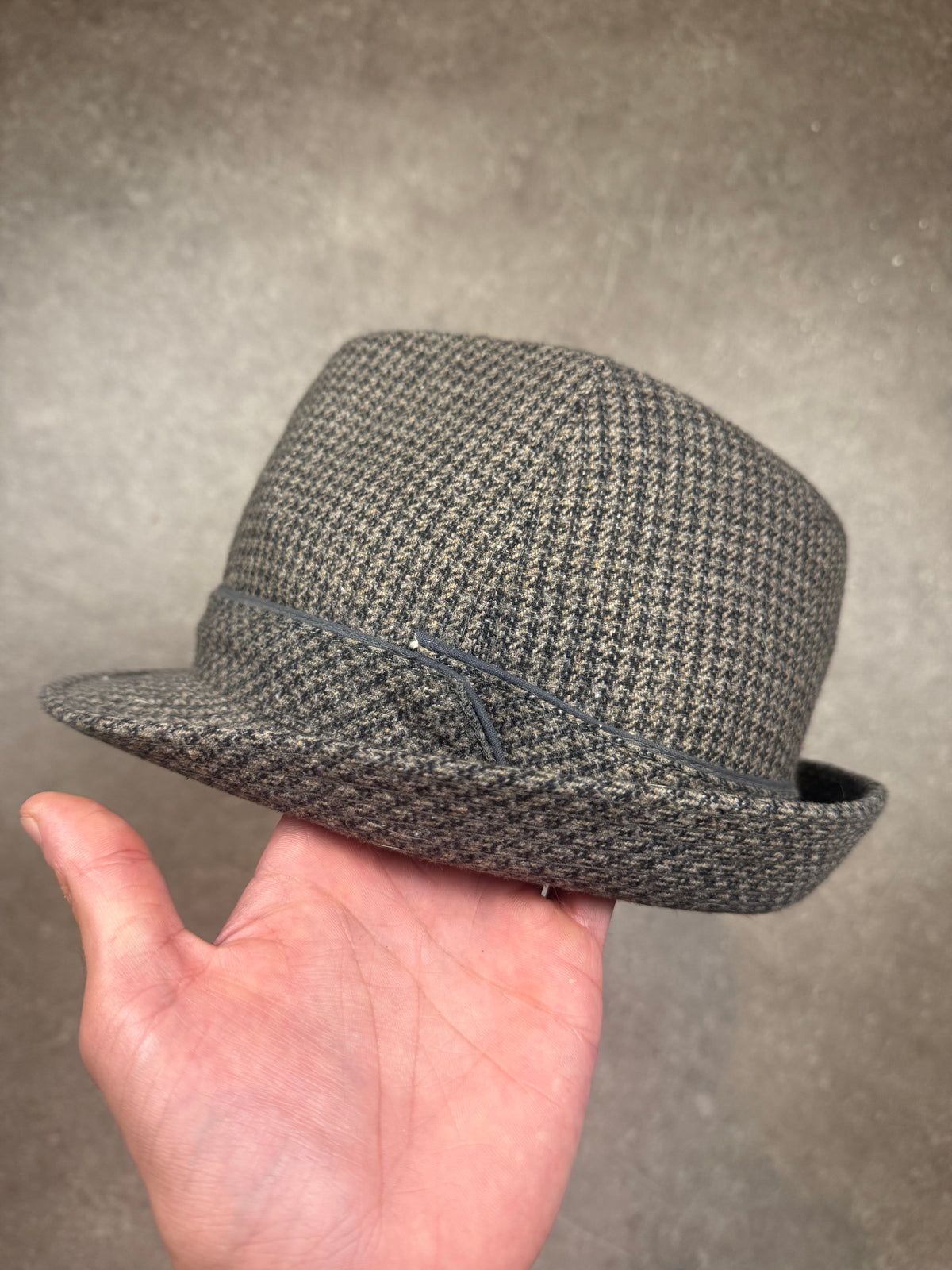 Vintage Fedora Hut Wolle Hahnentritt Grau Schwarz – Klassischer Trilby