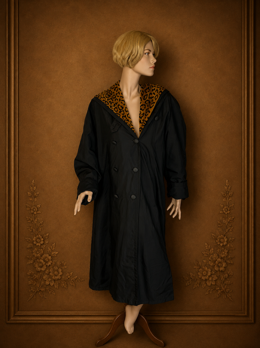 Vintage Damen Mantel Schwarz mit Leo Kapuze Leopard Longcoat Oversize