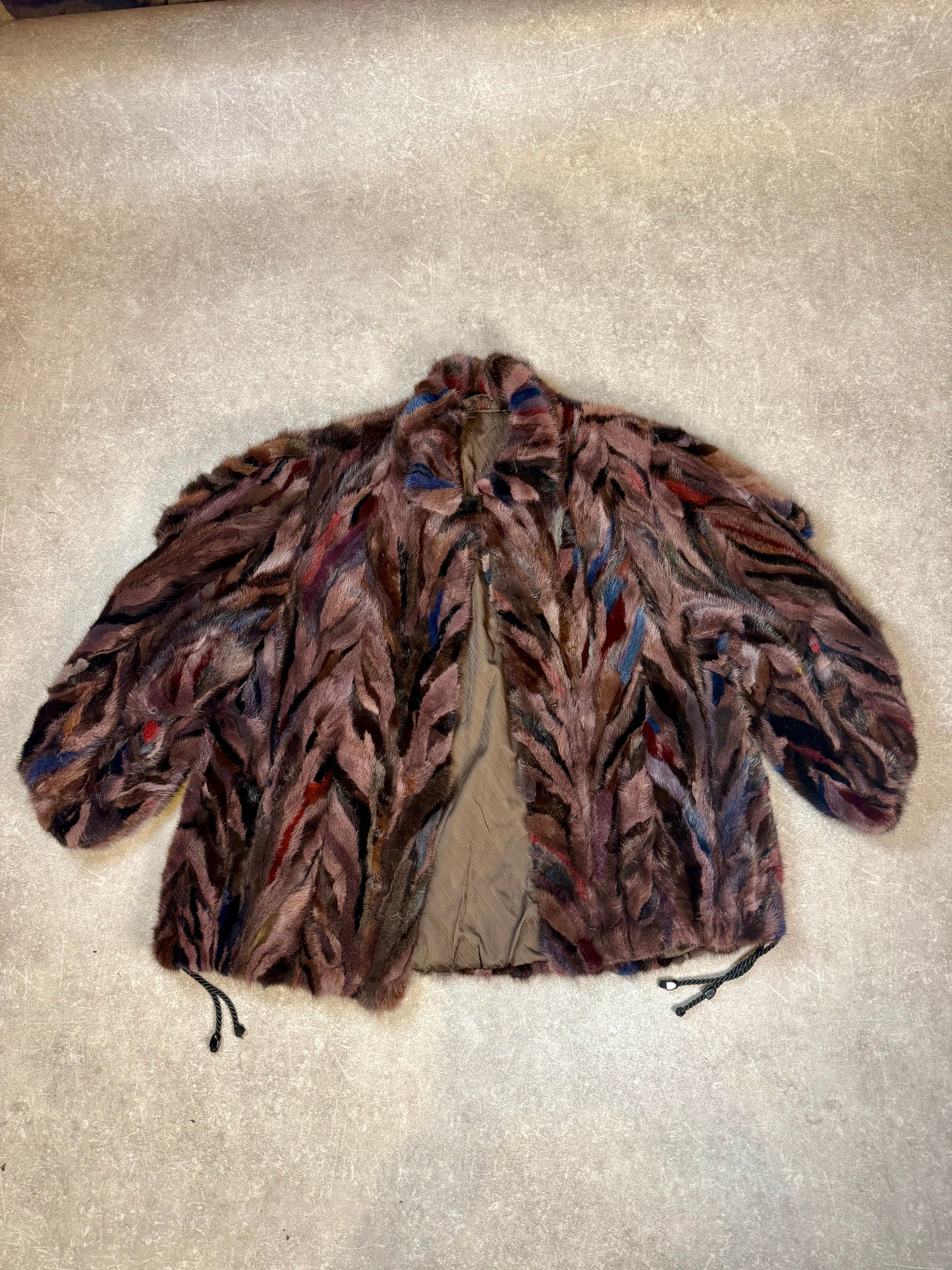 Vintage Nerzjacke Intarsia Patchwork Echtpelz Pelzhaus Syke Braun Bunt Damen XL