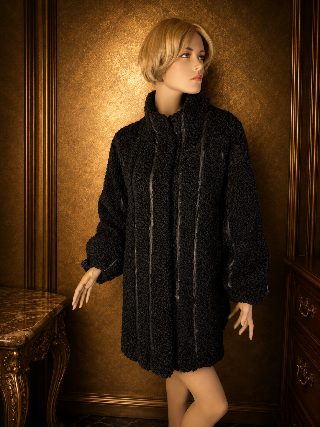 Vintage Persianer Pelzjacke Karakul Lammfell Schwarz Damen Echtpelz Gr. L