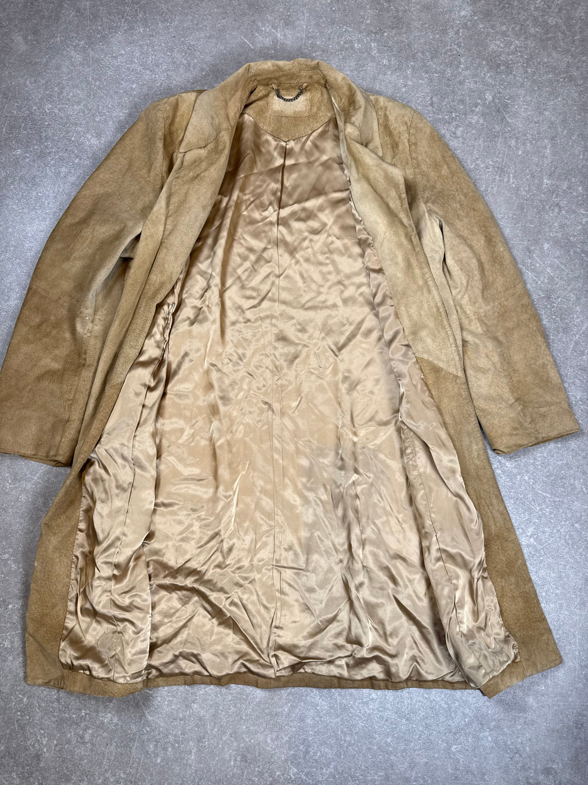 Vintage Damen Ledermantel Lang Veloursleder Beige Sand – ca. Gr. M/L