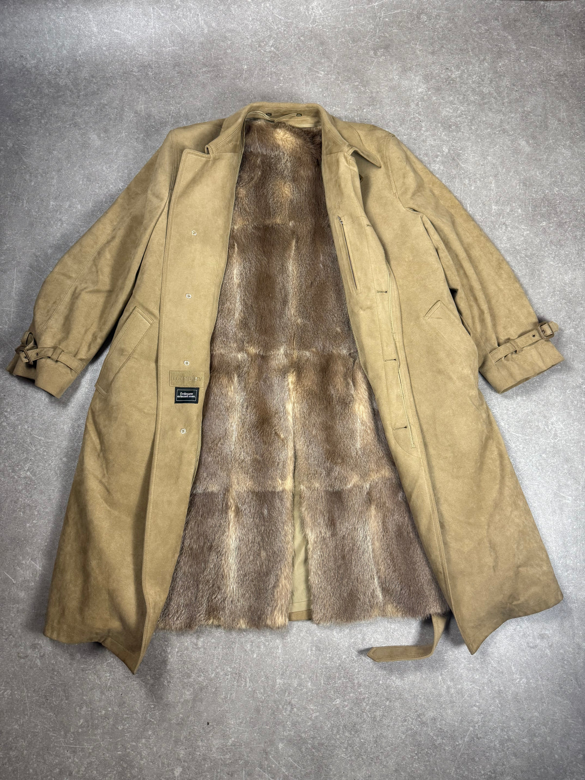 LODENFREY Vintage Herren Ledermantel mit Echtfellfutter Beige