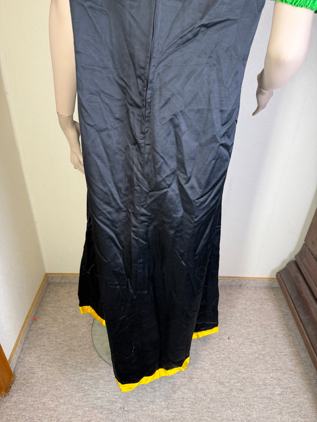 Vintage Maxikleid Damen – Gelb Schwarz Grün mit Puffärmeln & Schleife