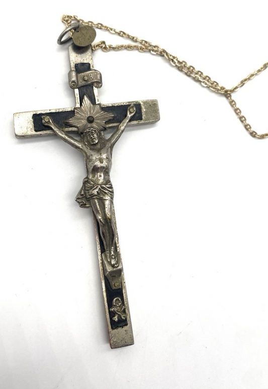 ANTIKES GROßES JESUS-KRUZIFIX KREUZ MIT KETTE