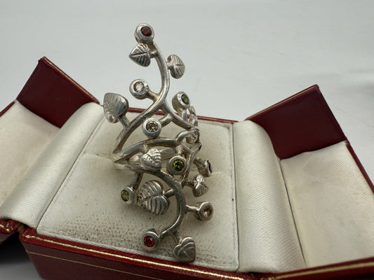 VINTAGE FLORALER RING 925 SILBER RING PERLE & GEMISCHTE EDELSTEINE GR.60