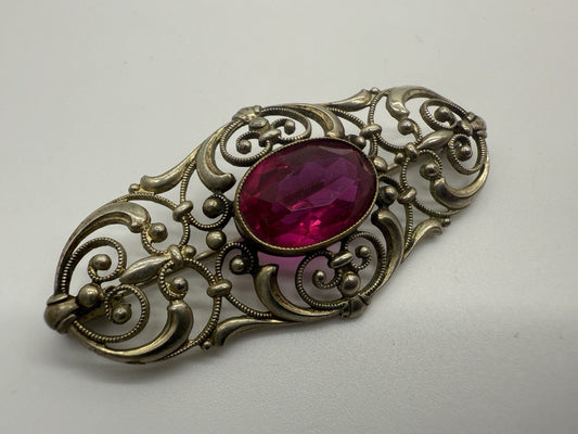 JUGENDSTIL BROSCHE ANSTECKNADEL ECHTSILBER FILIGRAN MIT ROSA ROTEM STEIN